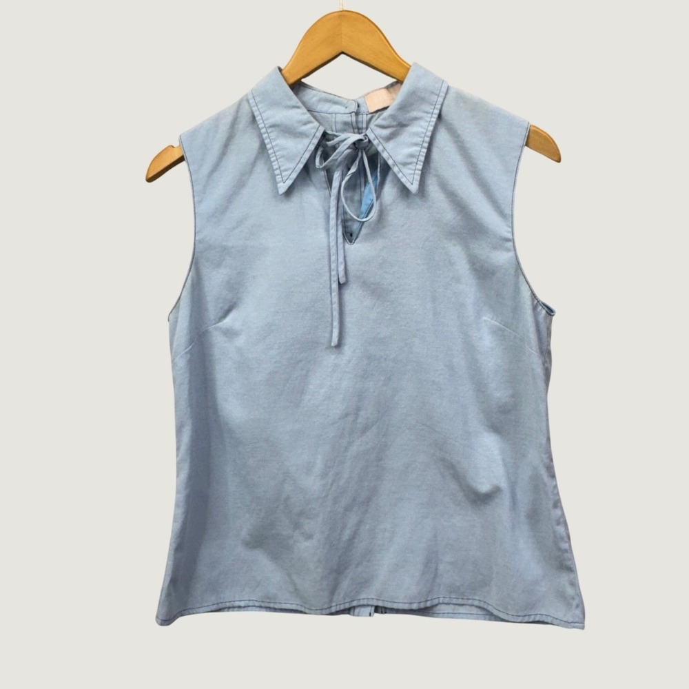 Farrow Sleeveless Blouse Size M Blue Tie Neck Button‎ Back Preppy Coastal